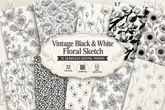 Download Vintage Black &amp; White Floral Sketch - Black Collection