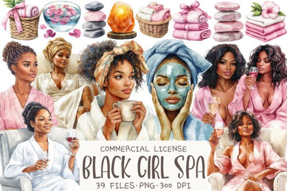 Download Black Girl Spa Day Watercolor Clipart - Black Collection